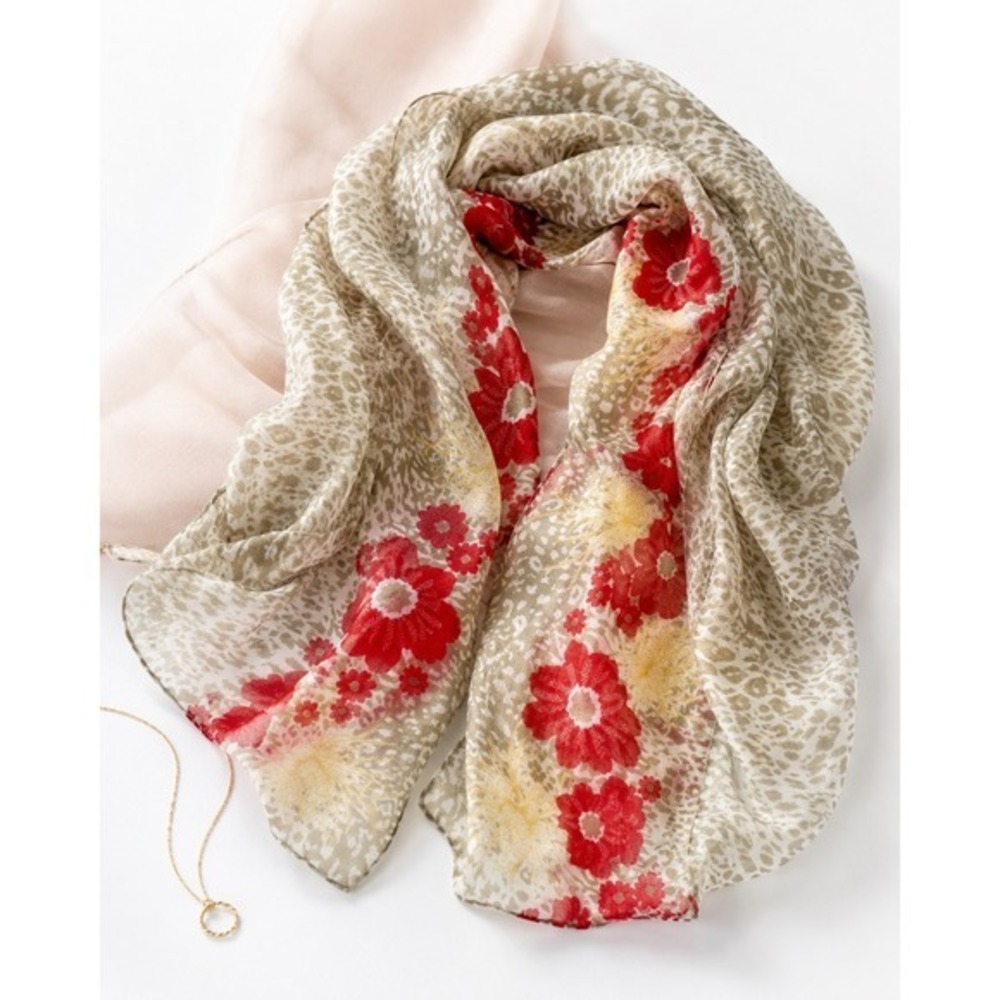 EUC Leopard Floral Oblong Scarf Wrap Taupe Red Yellow Boho Maximalist Resort